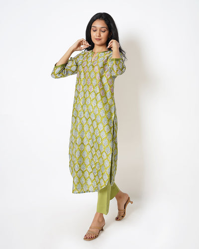 Olive Botanical Printed Chanderi Kurta Set