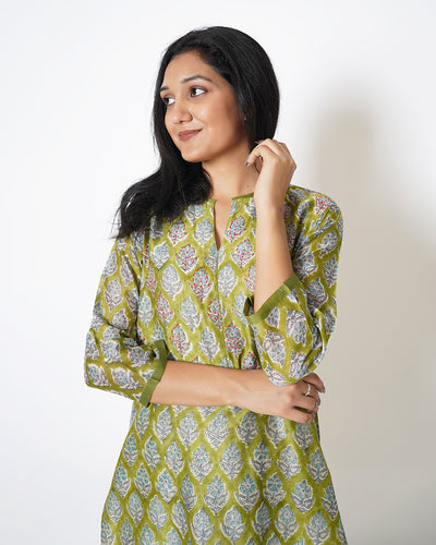 Olive Botanical Printed Chanderi Kurta Set