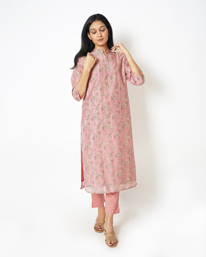 Spring Bloom Printed Pink Chanderi Kurta Set