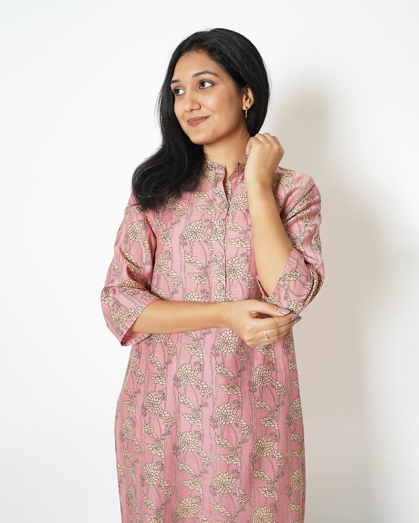 Spring Bloom Printed Pink Chanderi Kurta Set