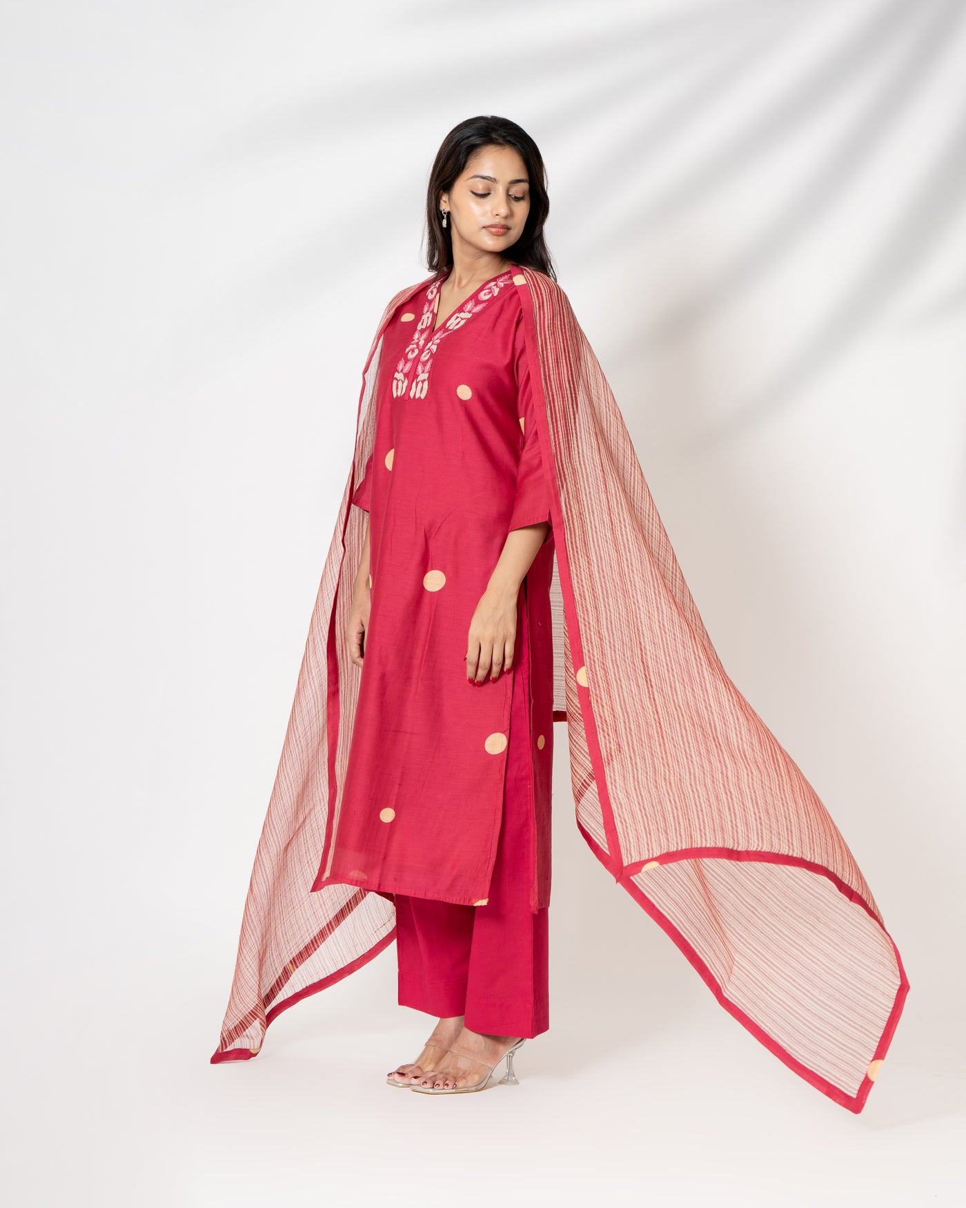 Soft Scarlet Embroidered Chanderi Suit Set