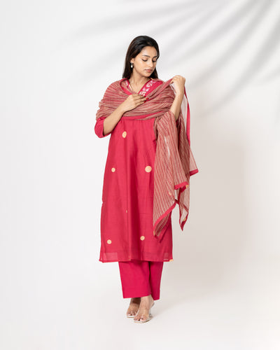 Soft Scarlet Embroidered Chanderi Suit Set