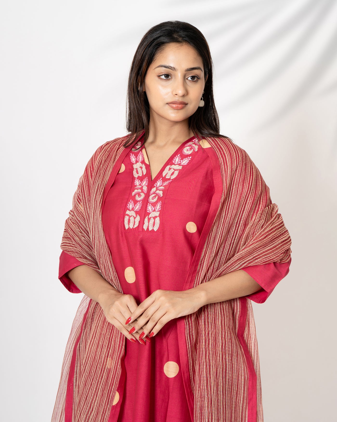 Soft Scarlet Embroidered Chanderi Suit Set