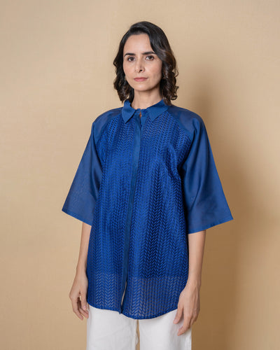 Blue Waves Chanderi Embroidered Shirt