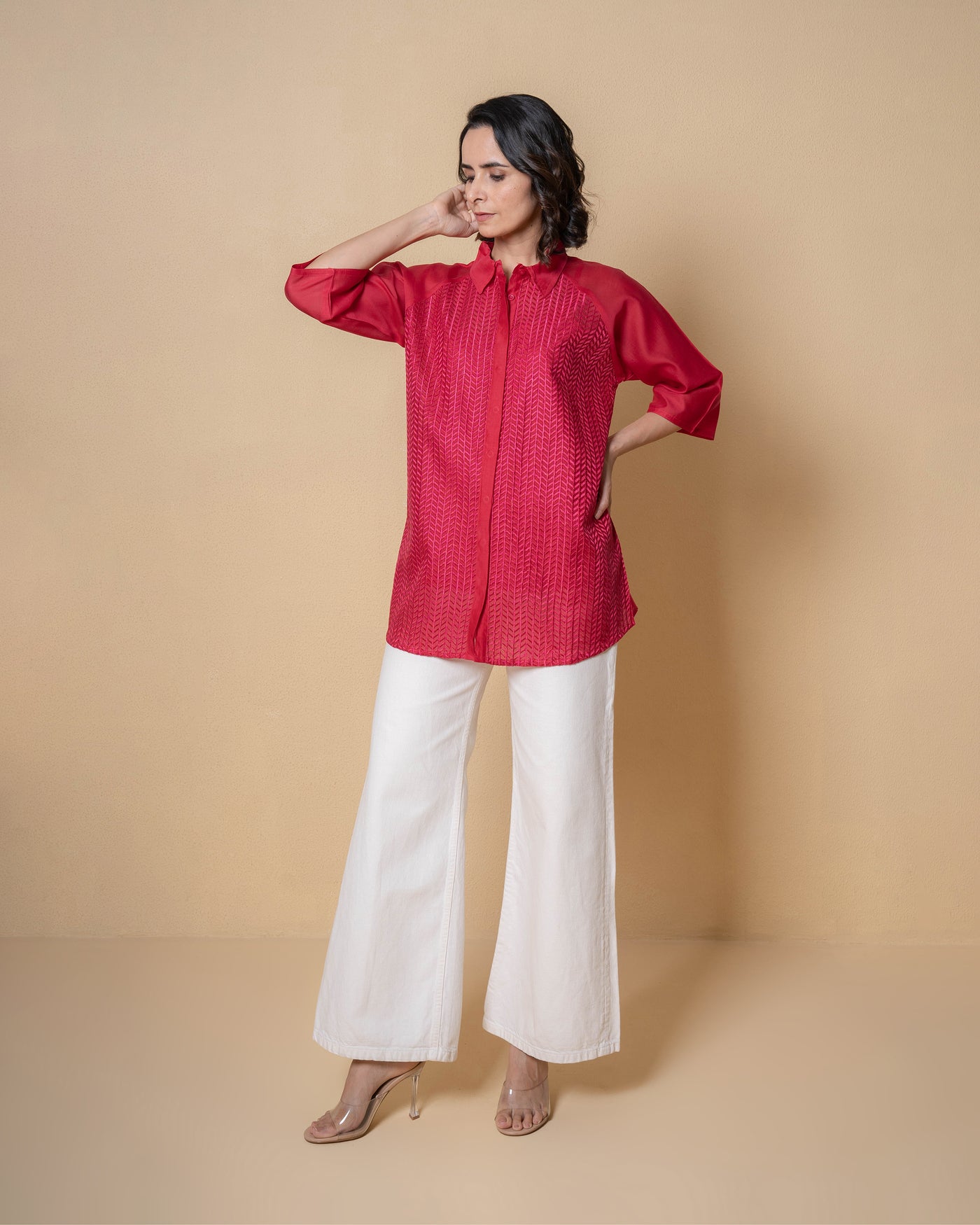 Ember Chanderi Pinkish Red Embroidered Shirt