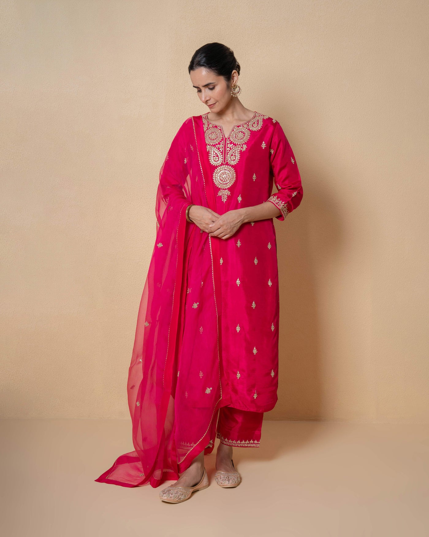 Radiant Pink Marori Work Upara Silk Suit Set