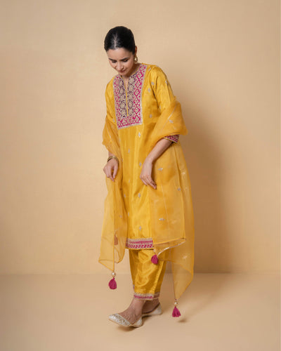 Bright Yellow Marori Work Upara Silk Suit Set