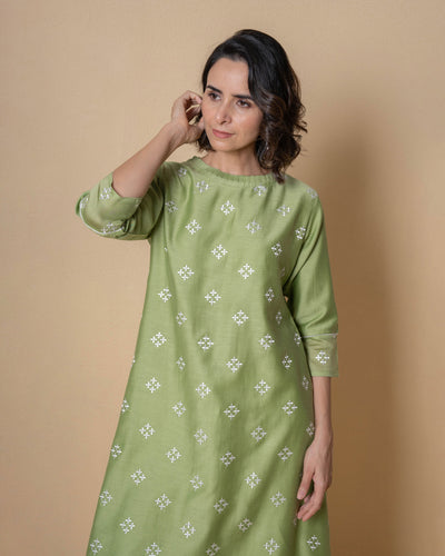 Mint Bloom Chanderi Embroidered Kurta Set