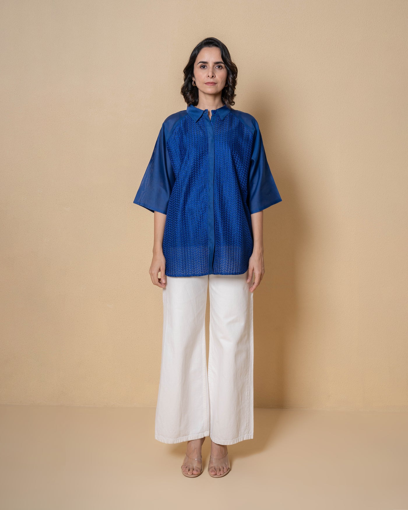 Blue Waves Chanderi Embroidered Shirt