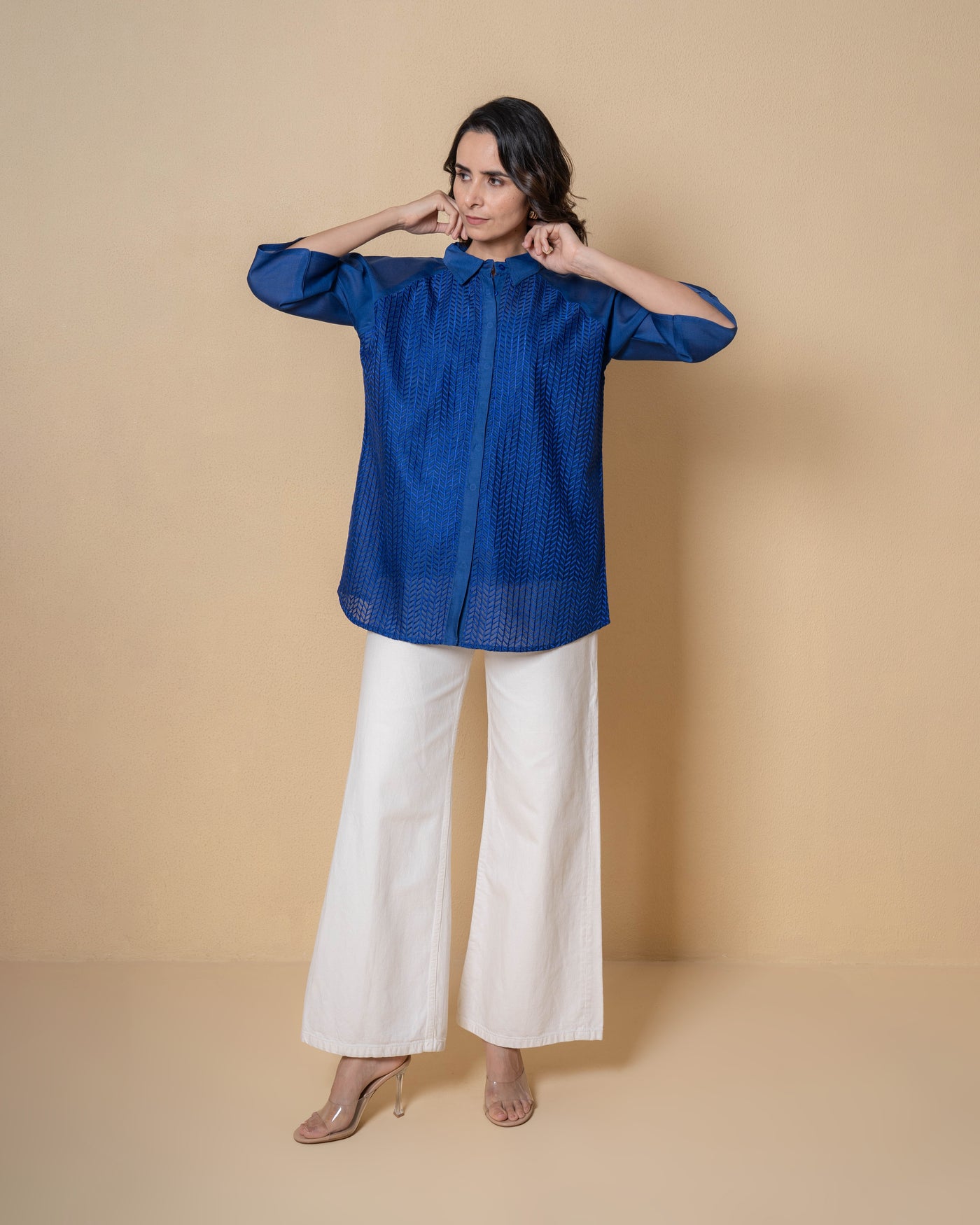 Blue Waves Chanderi Embroidered Shirt