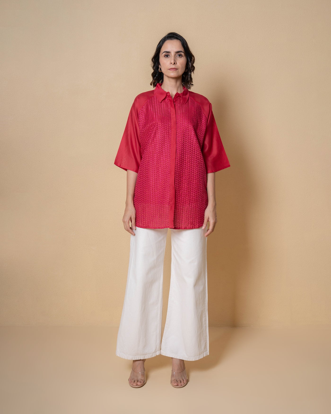 Ember Chanderi Pinkish Red Embroidered Shirt