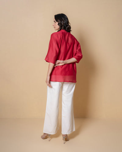 Ember Chanderi Pinkish Red Embroidered Shirt