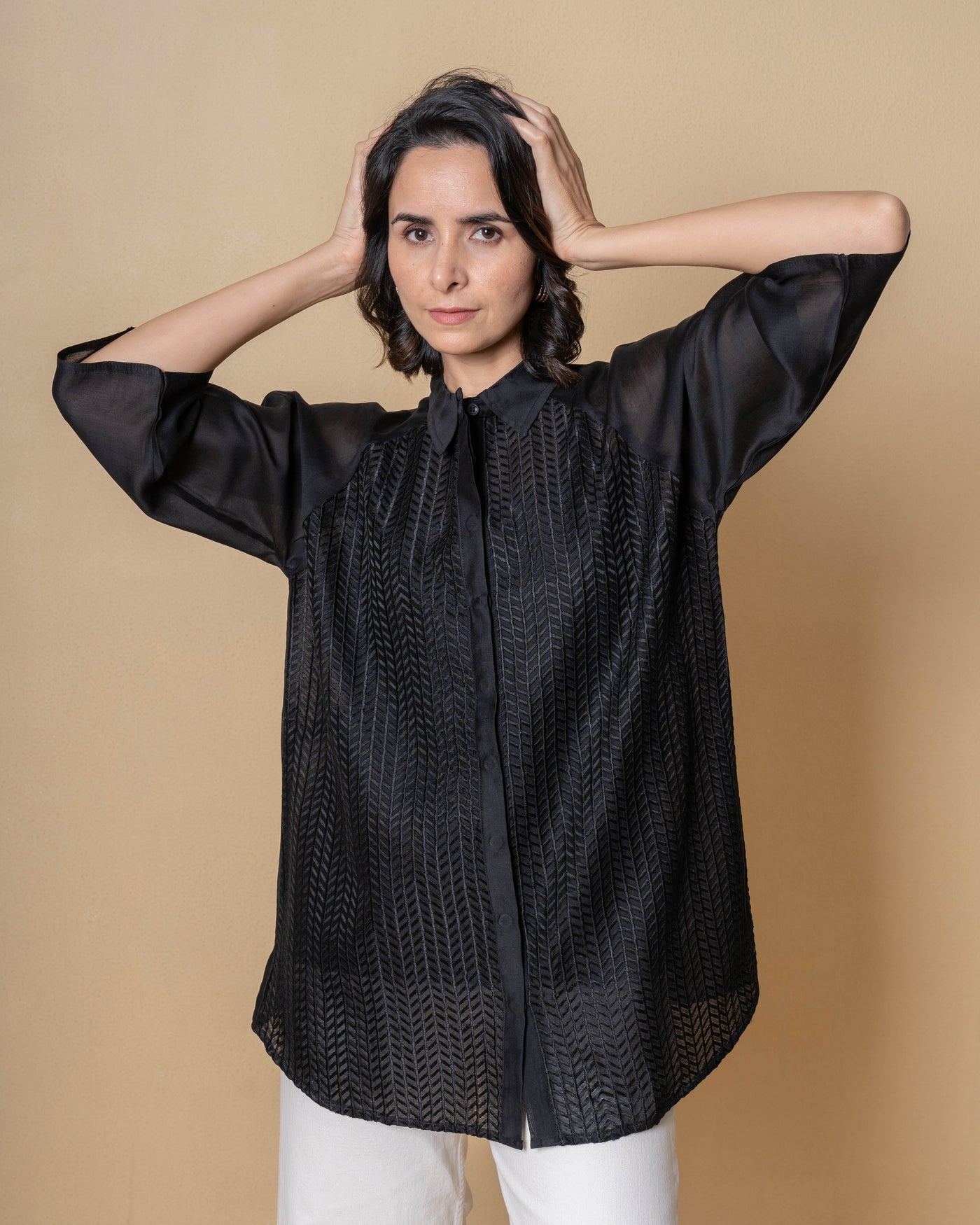 Midnight Luxe Chanderi Black Embroidered Shirt