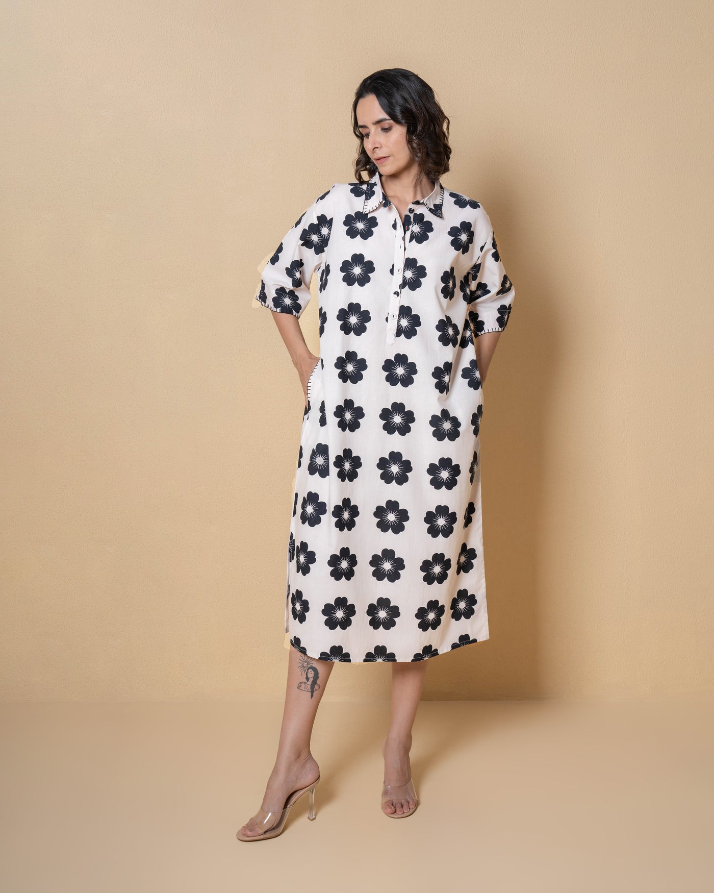 Dark Bloom Digital Print White Modal Cotton Dress