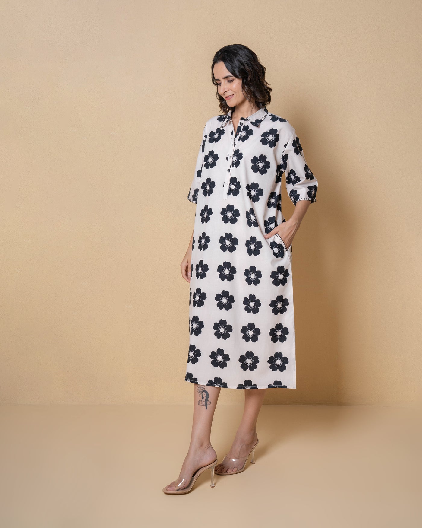 Dark Bloom Digital Print White Modal Cotton Dress