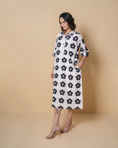 Dark Bloom Digital Print White Modal Cotton Dress