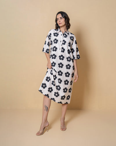 Dark Bloom Digital Print White Modal Cotton Dress