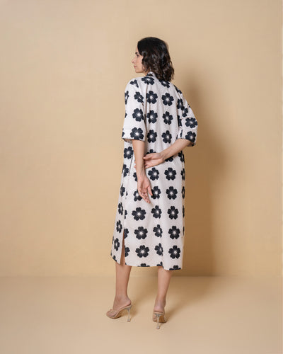 Dark Bloom Digital Print White Modal Cotton Dress