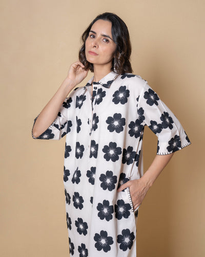 Dark Bloom Digital Print White Modal Cotton Dress