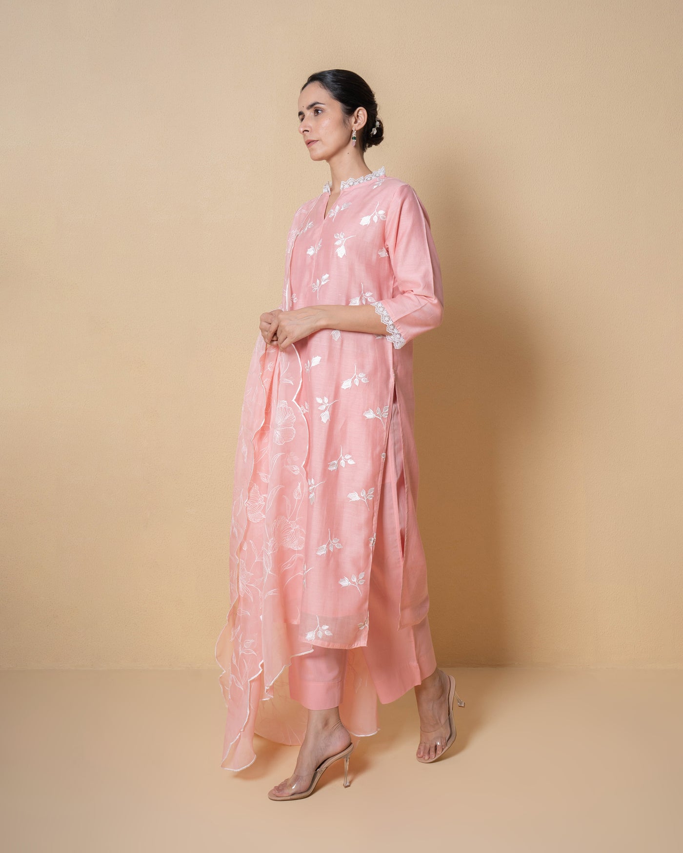 Creamy Peach Floral Embroidered Chanderi Suit Set