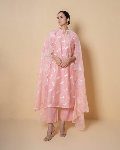 Creamy Peach Floral Embroidered Chanderi Suit Set