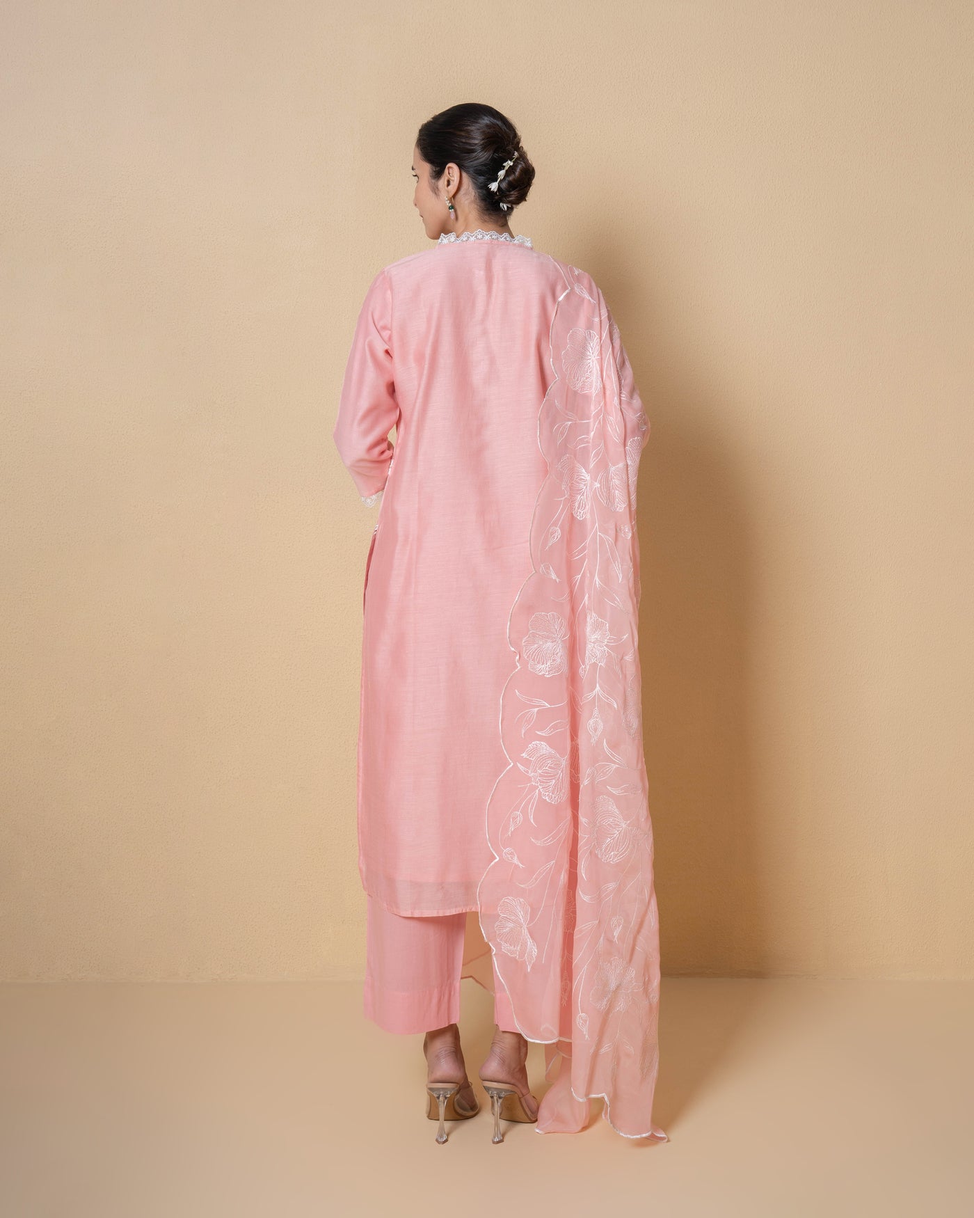 Creamy Peach Floral Embroidered Chanderi Suit Set