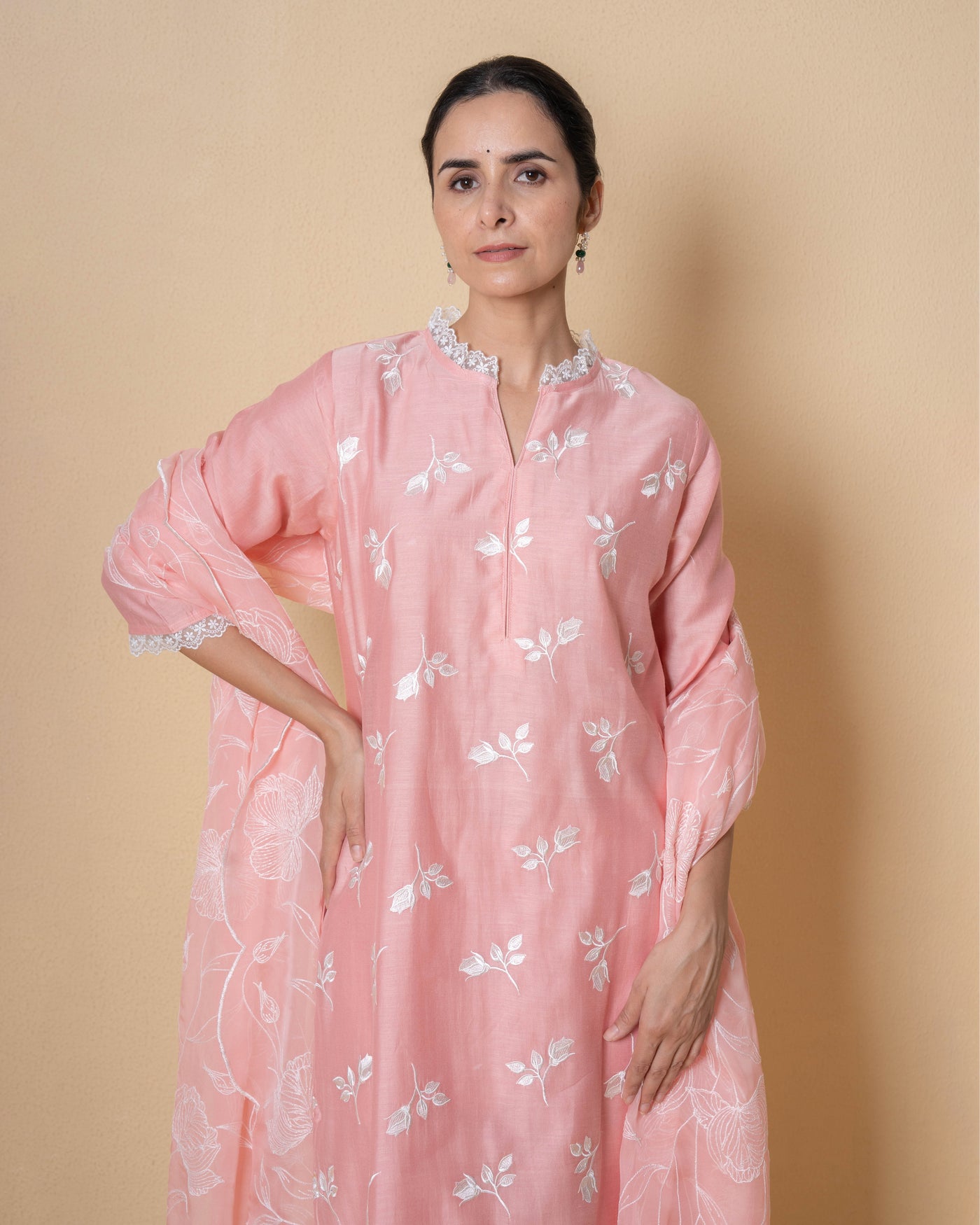 Creamy Peach Floral Embroidered Chanderi Suit Set