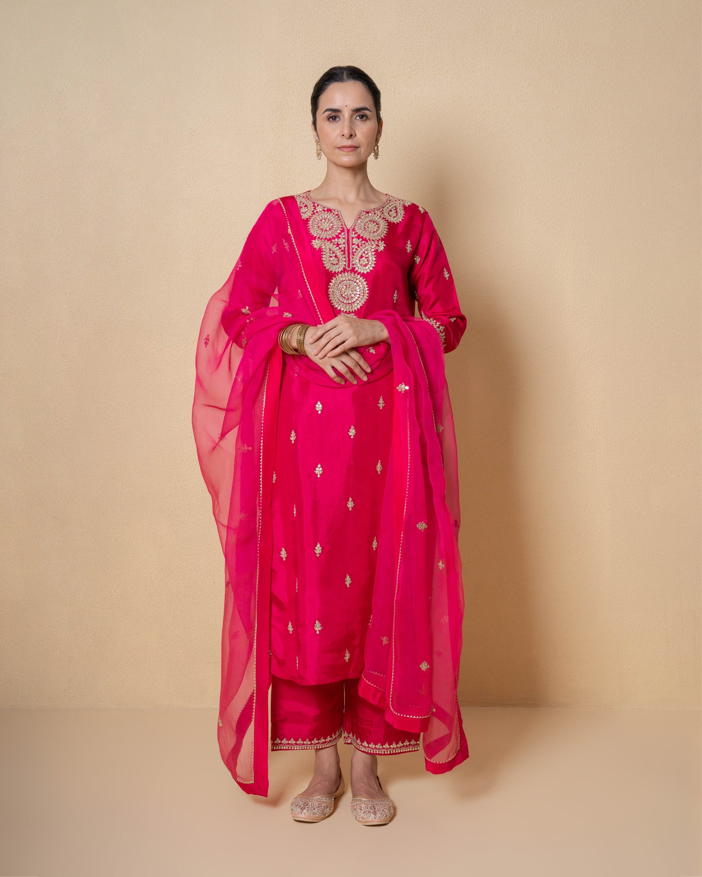 Radiant Pink Marori Work Upara Silk Suit Set