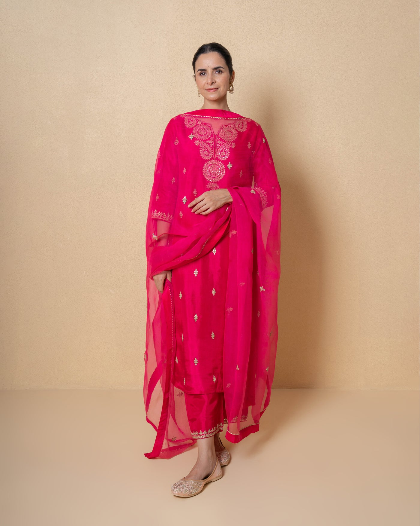 Radiant Pink Marori Work Upara Silk Suit Set