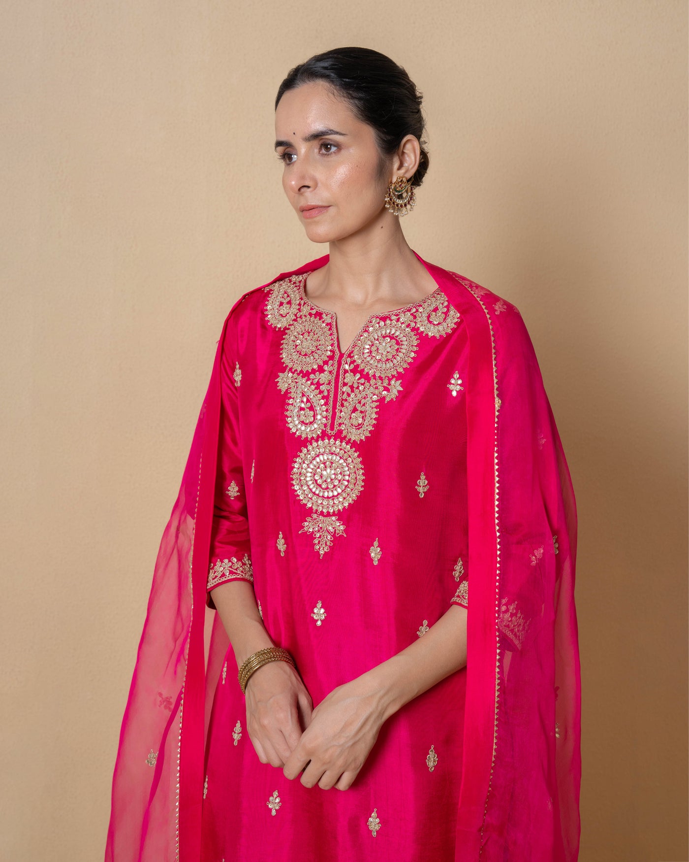 Radiant Pink Marori Work Upara Silk Suit Set