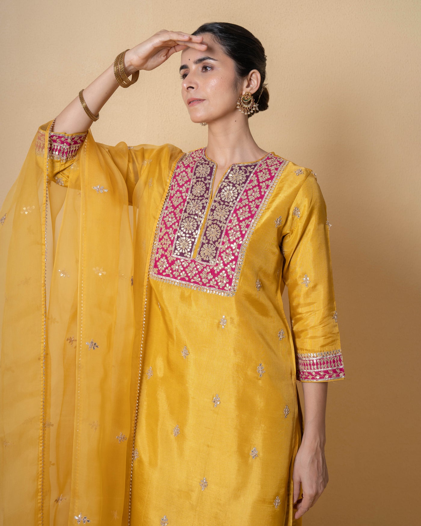 Bright Yellow Marori Work Upara Silk Suit Set