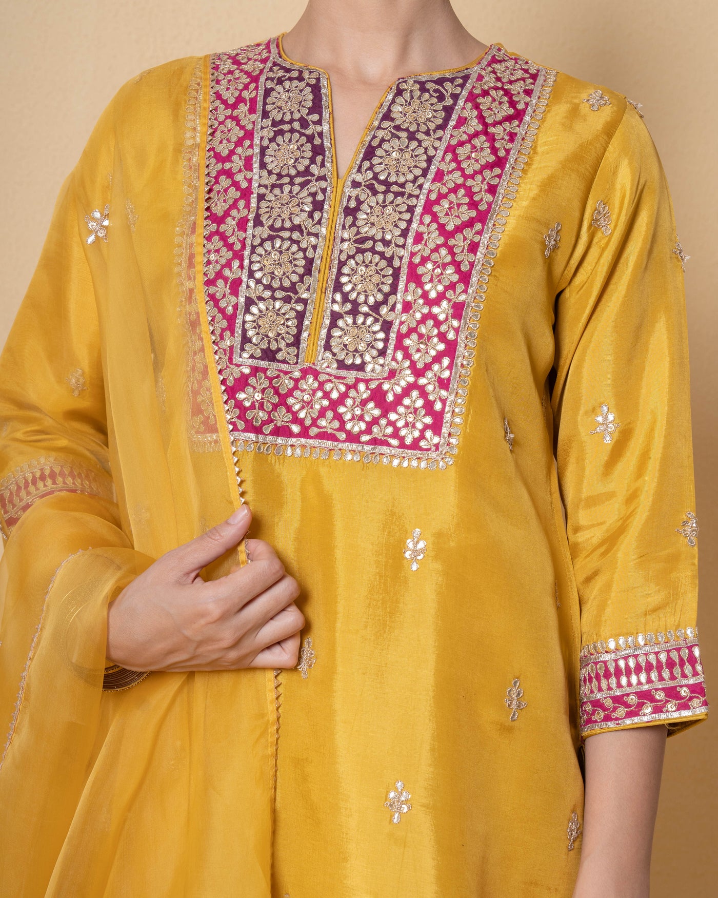 Bright Yellow Marori Work Upara Silk Suit Set