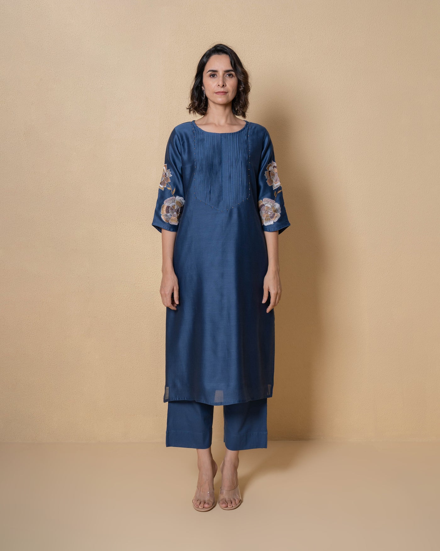 Floral Majesty Embroidered Blue Chanderi Kurta Set