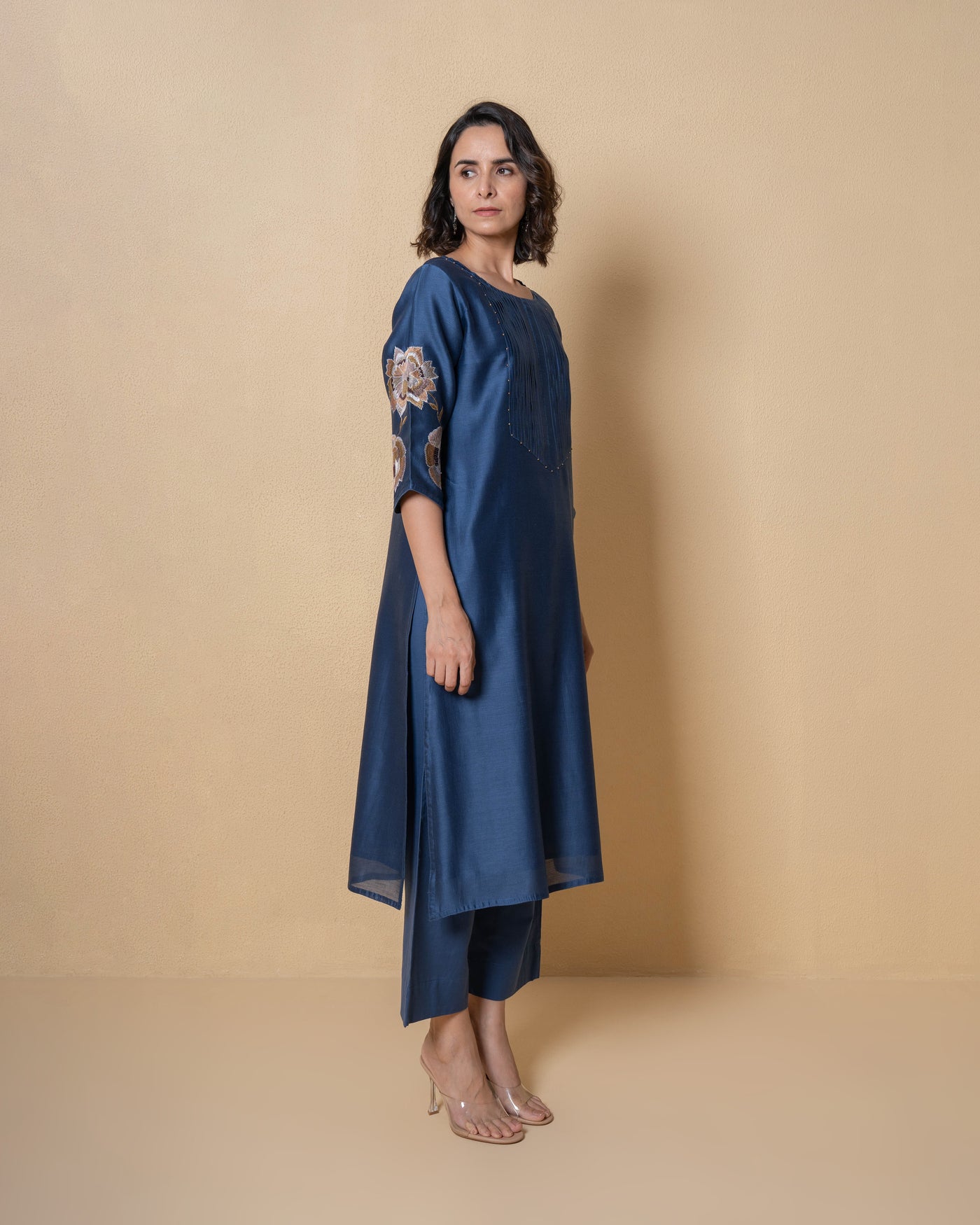 Floral Majesty Embroidered Blue Chanderi Kurta Set