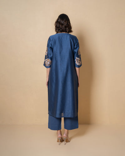 Floral Majesty Embroidered Blue Chanderi Kurta Set