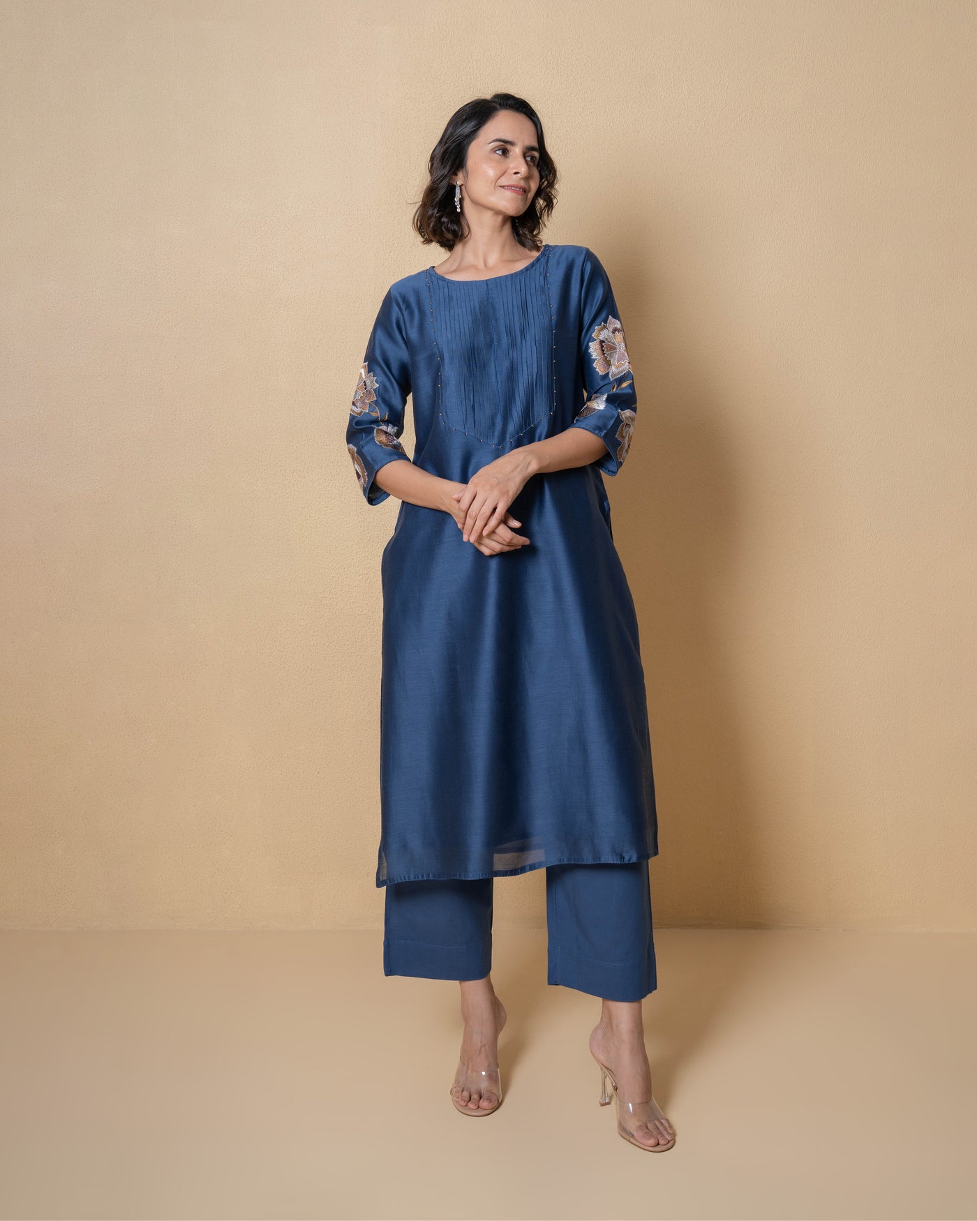 Floral Majesty Embroidered Blue Chanderi Kurta Set