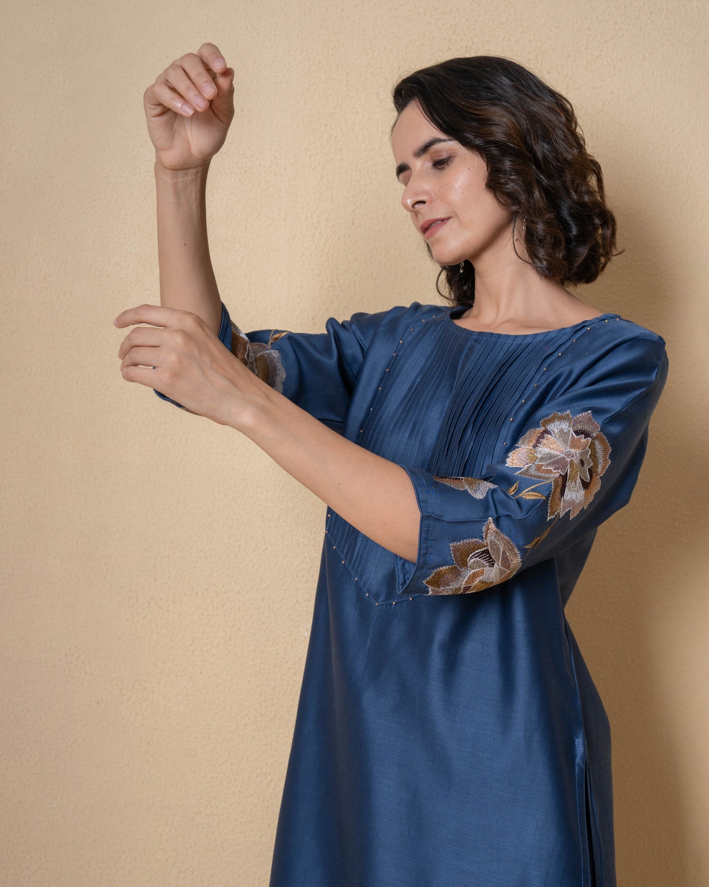 Floral Majesty Embroidered Blue Chanderi Kurta Set