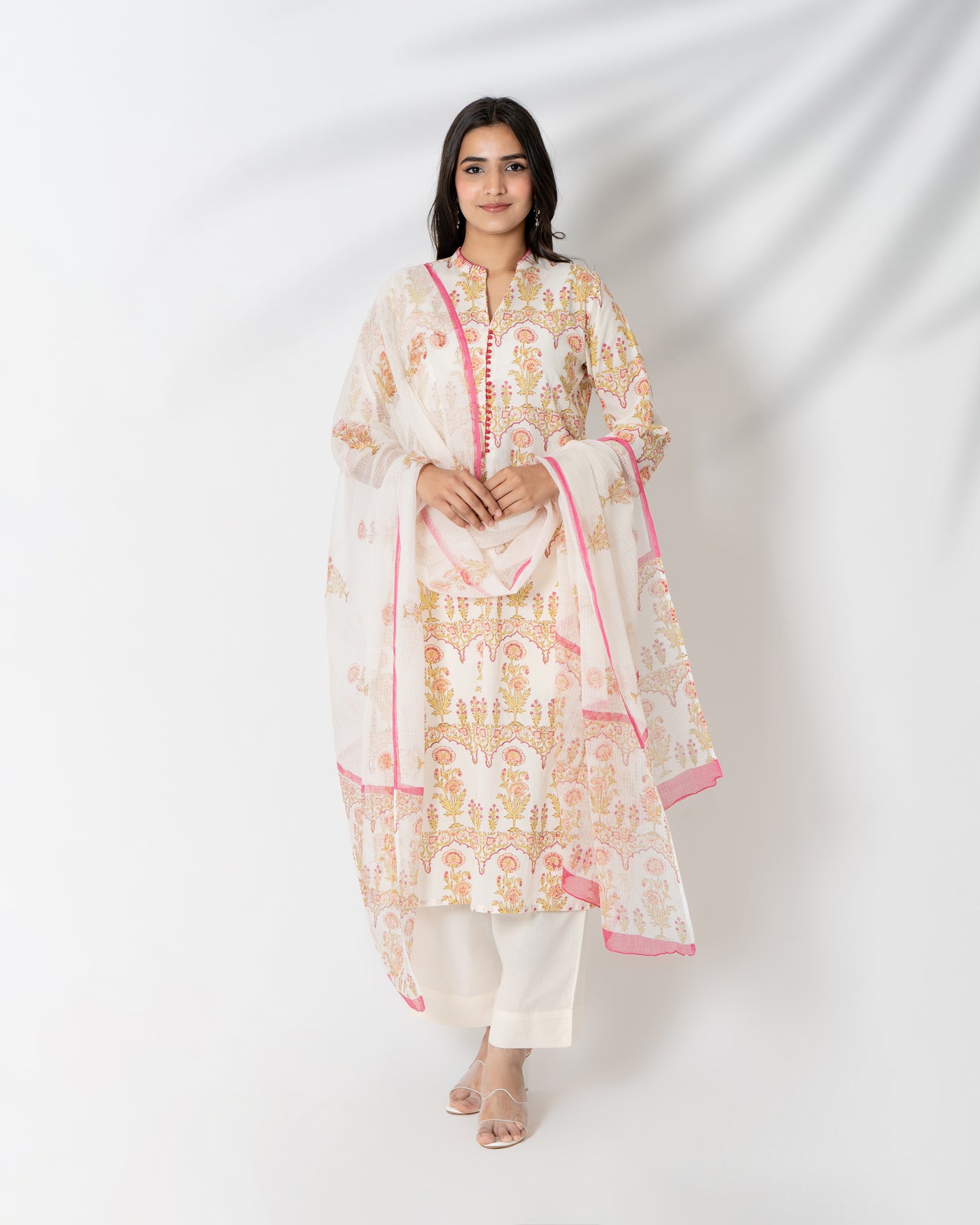 Summery Pearl Floral Handblock Print Cotton Suit Set