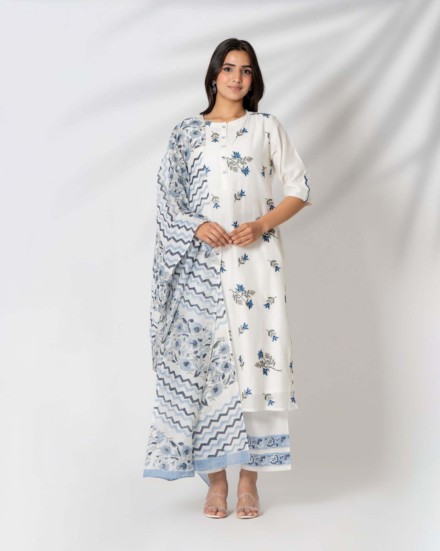 Serene Love Floral Embroidered White Chanderi Suit Set