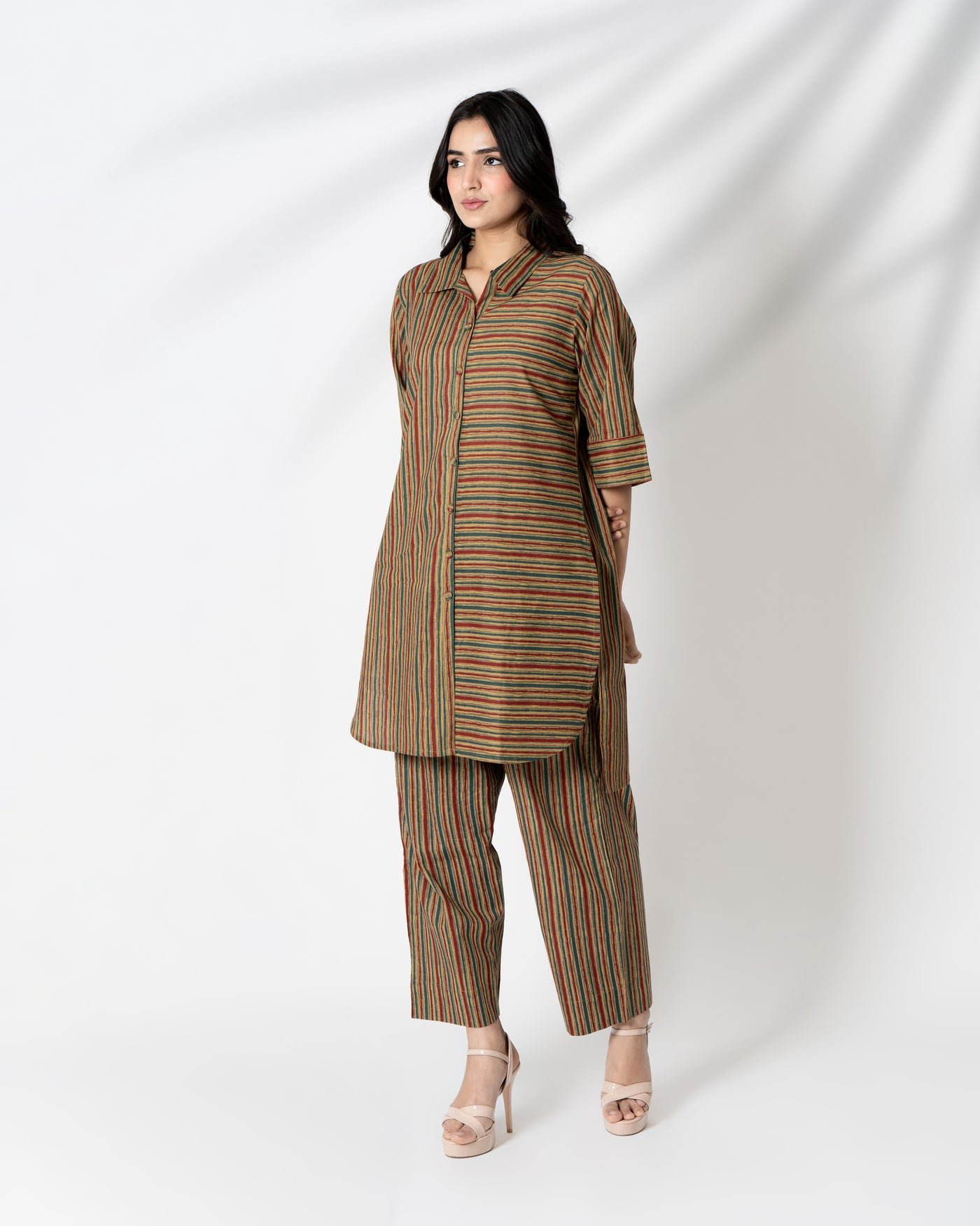 Olive Brown Striped Hand Printed Cotton Co-ord Set