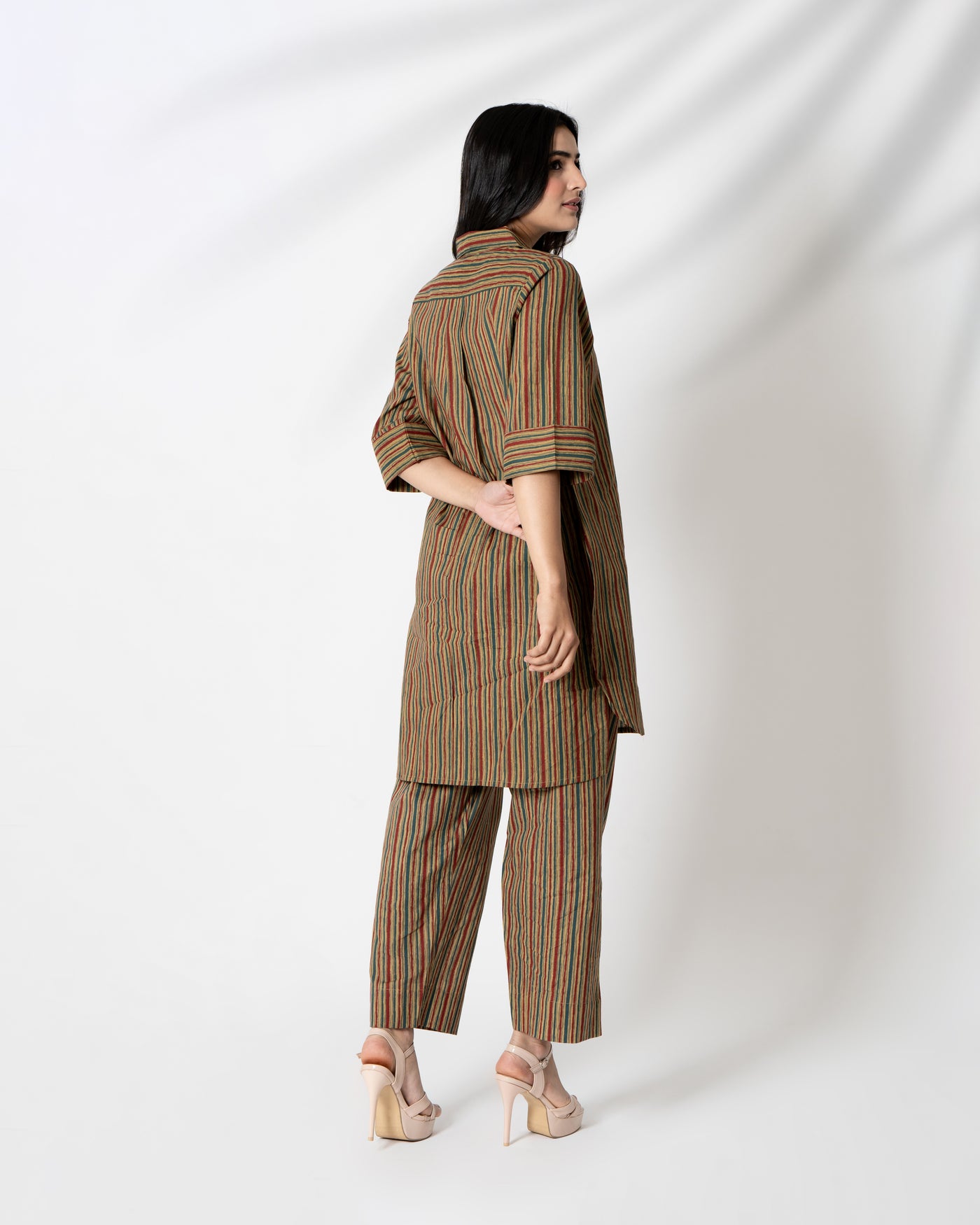 Olive Brown Striped Hand Printed Cotton Co-ord Set