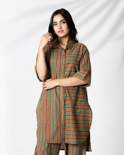 Olive Brown Striped Hand Printed Cotton Co-ord Set