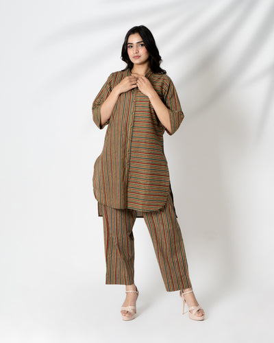 Olive Brown Striped Hand Printed Cotton Co-ord Set