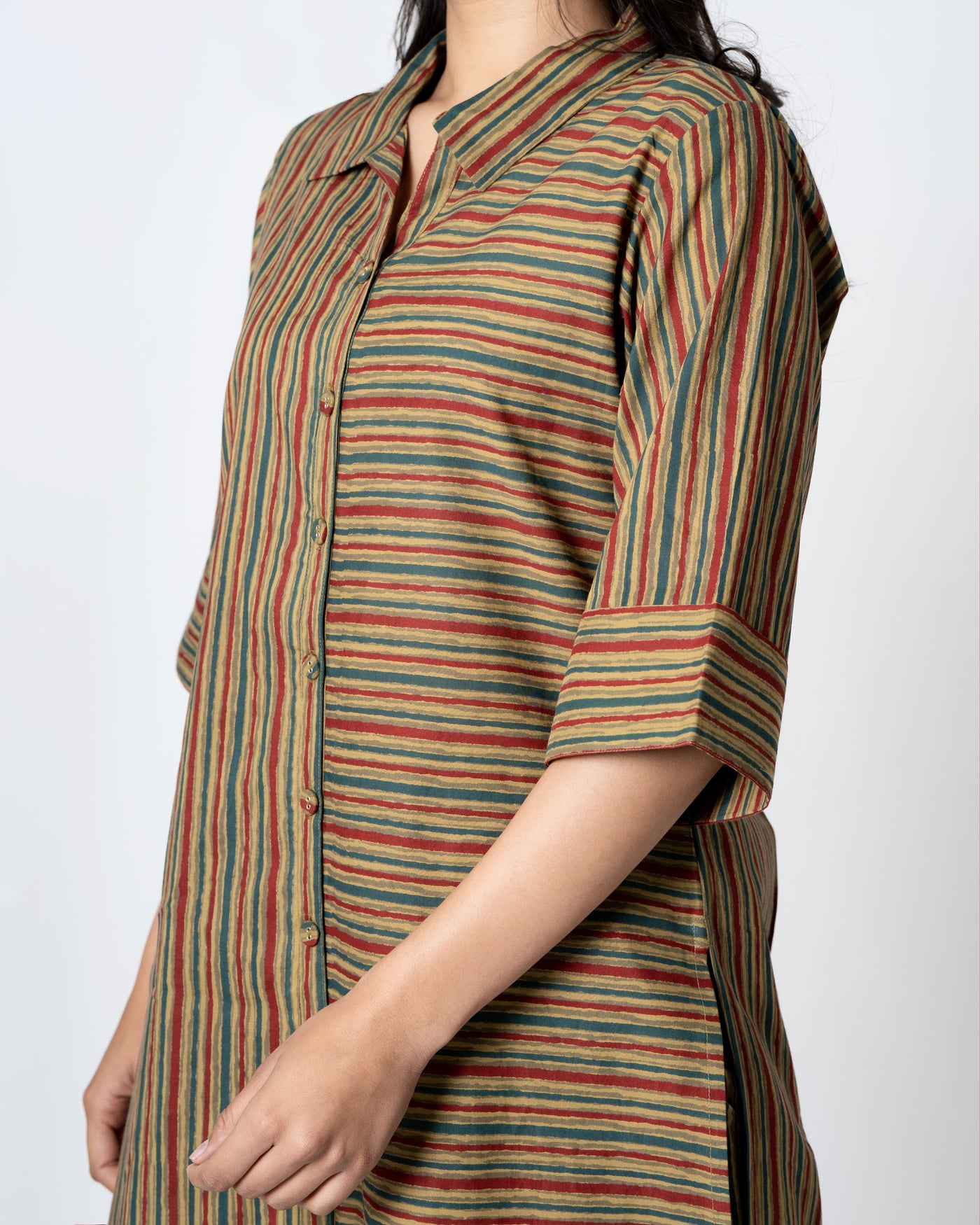 Olive Brown Striped Hand Printed Cotton Co-ord Set