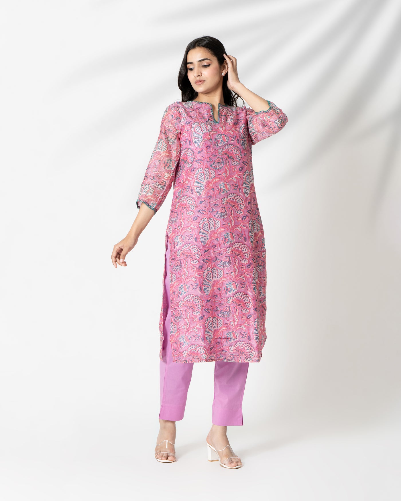 Pink Flora Handblock Print Chanderi Kurta Set