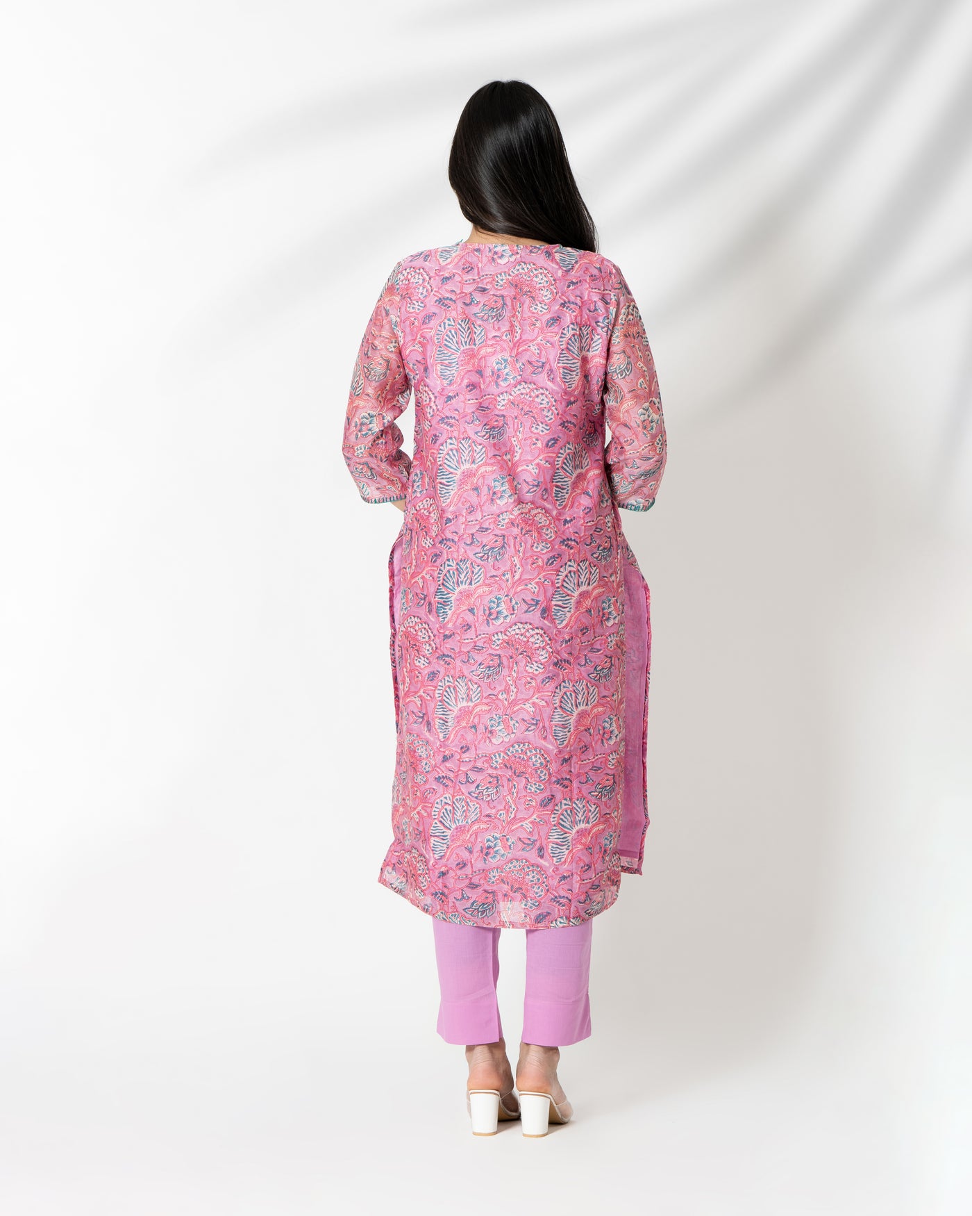 Pink Flora Handblock Print Chanderi Kurta Set