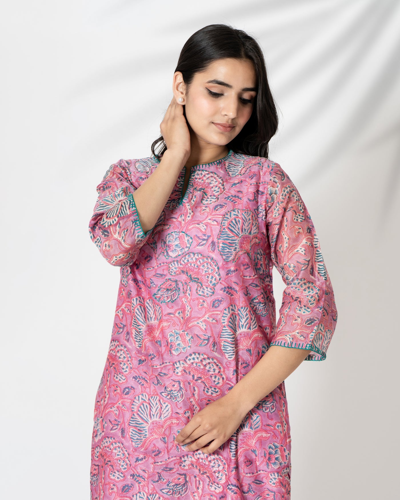 Pink Flora Handblock Print Chanderi Kurta Set