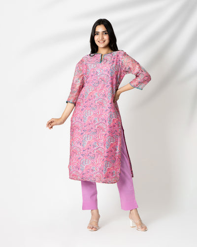 Pink Flora Handblock Print Chanderi Kurta Set