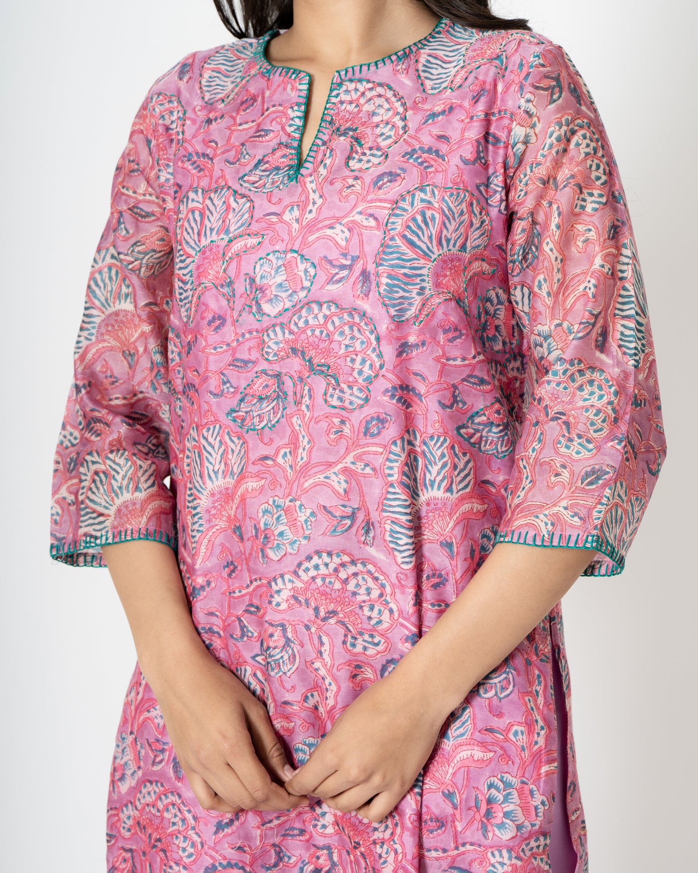 Pink Flora Handblock Print Chanderi Kurta Set