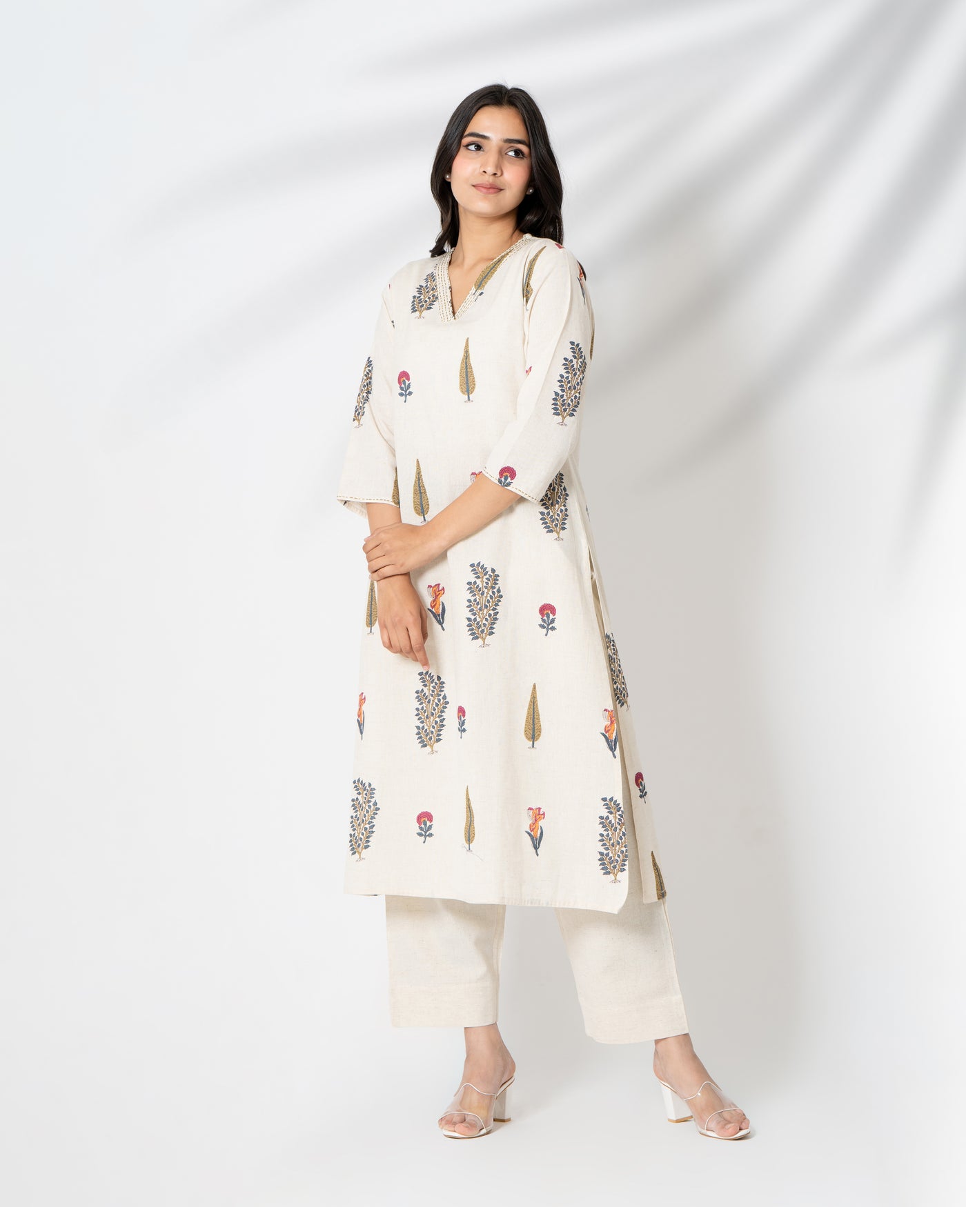 Ivory Motif Handblock Print Cotton Flex Kurta Set